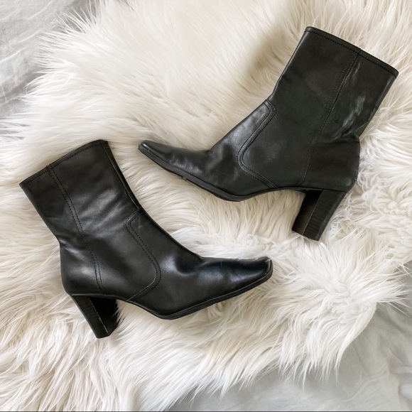 Nine West Shoes - Black Leather Square Toe Block Heel Boots 8.5